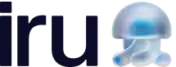 The image shows the lowercase letters "iru" in bold black font, followed by a blue gradient jellyfish graphic on a light background.