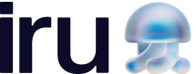 The image shows the lowercase letters "iru" in bold black font, followed by a blue gradient jellyfish graphic on a light background.