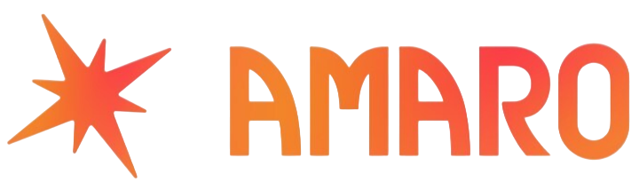 AMARO logo with an orange starburst graphic to the left of the bold, gradient orange text "AMARO".
