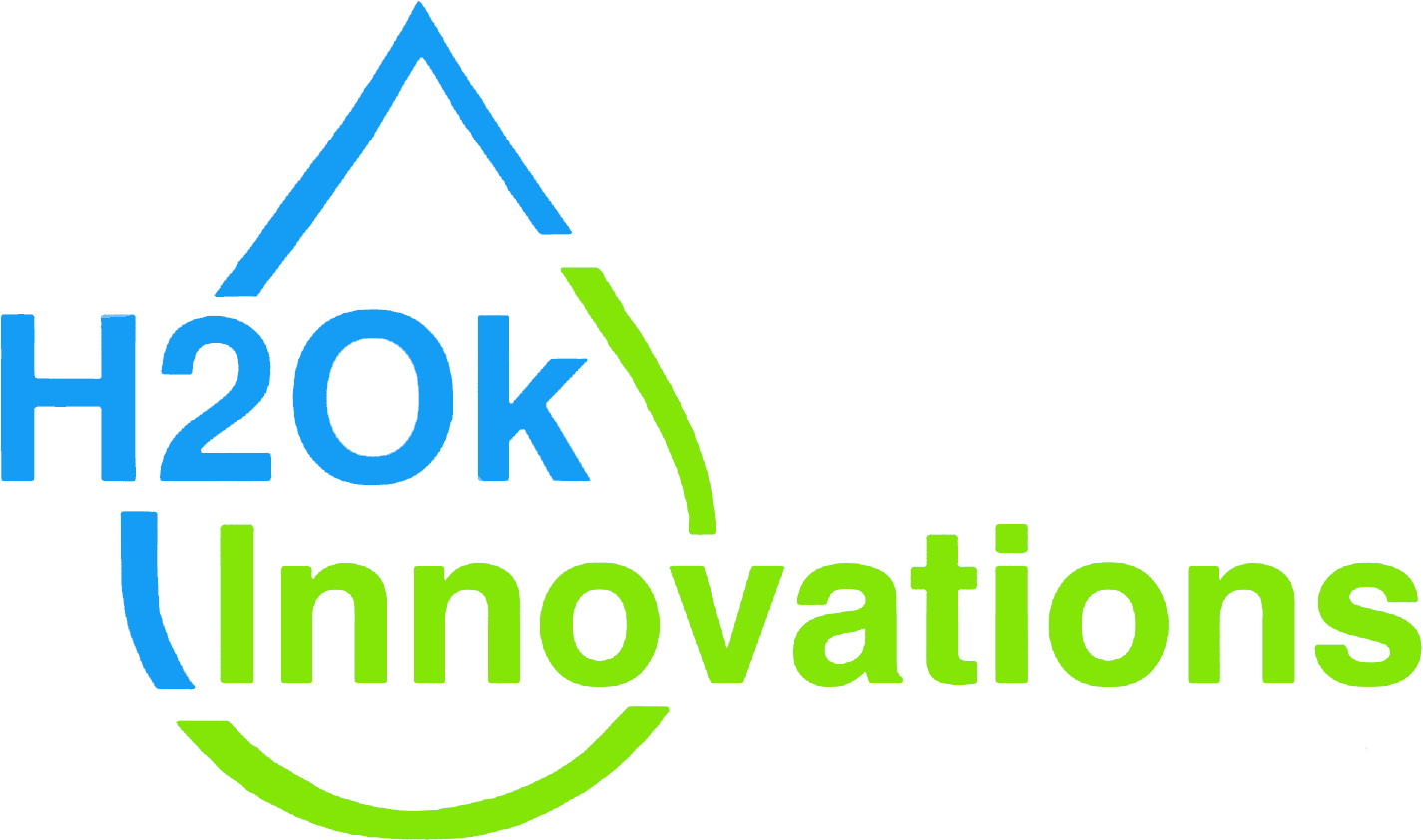 Logo with a blue water droplet shape and the text "H2Ok" in blue, next to the word "Innovations" in green.