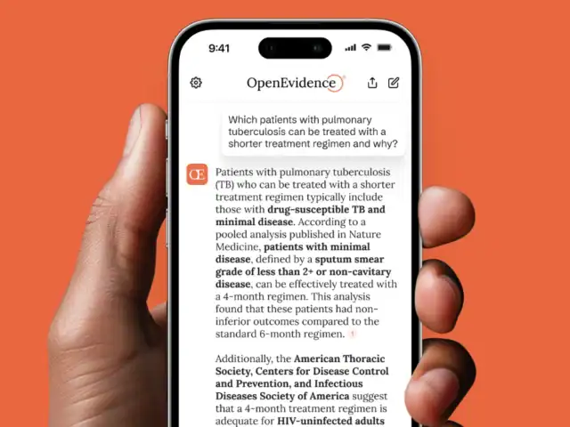 A hand is holding a smartphone displaying a medical article about pulmonary tuberculosis on an orange background.