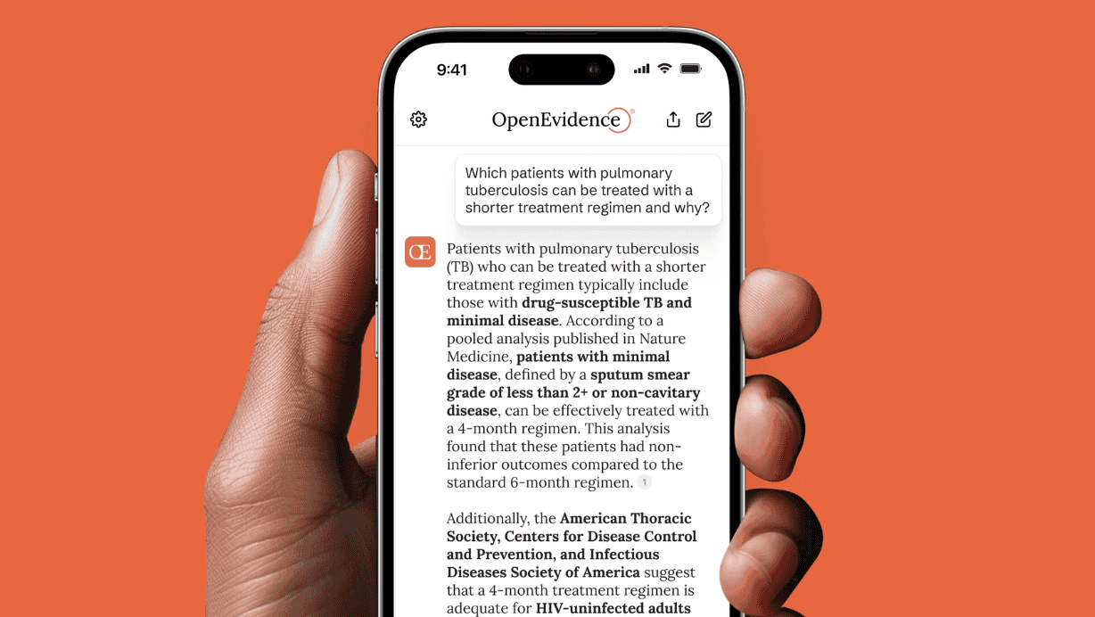 A hand is holding a smartphone displaying a medical article about pulmonary tuberculosis on an orange background.