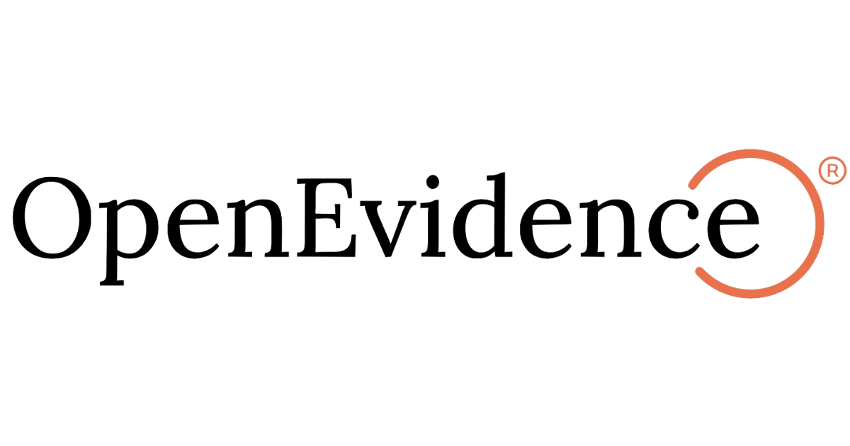 The OpenEvidence logo in black text with an orange incomplete circle around the letter "e" and a registered trademark symbol.