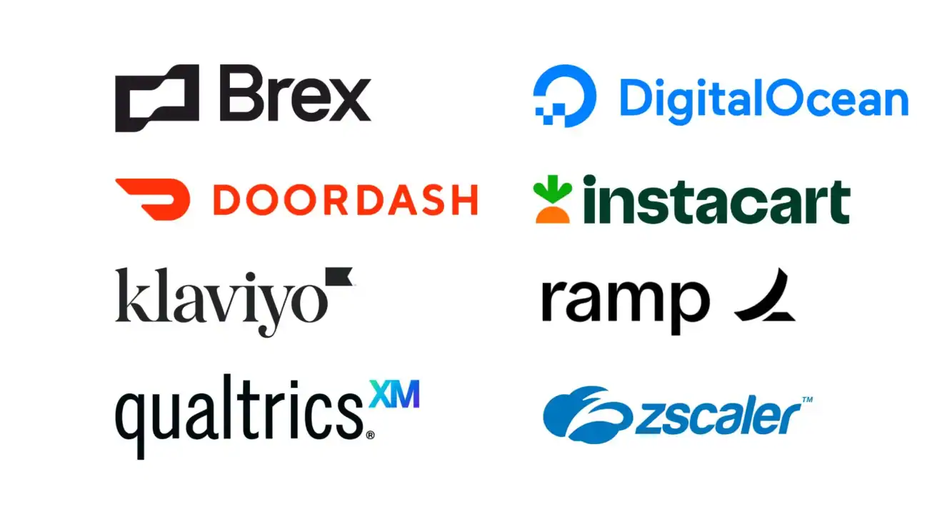Logos of eight technology companies: Brex, DigitalOcean, DoorDash, Instacart, Klaviyo, Ramp, Qualtrics, and Zscaler, displayed on a white background.