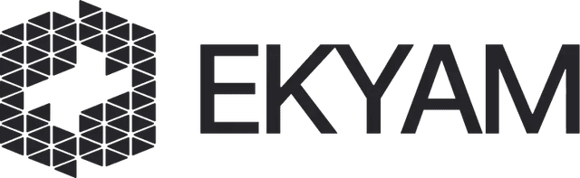 Black geometric logo with an arrow shape formed by hexagonal patterns, positioned to the left of the word "EKYAM" in bold uppercase letters on a light background.