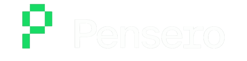 Green geometric "P" logo next to the word "Pensiero" in white text on a light gray background.