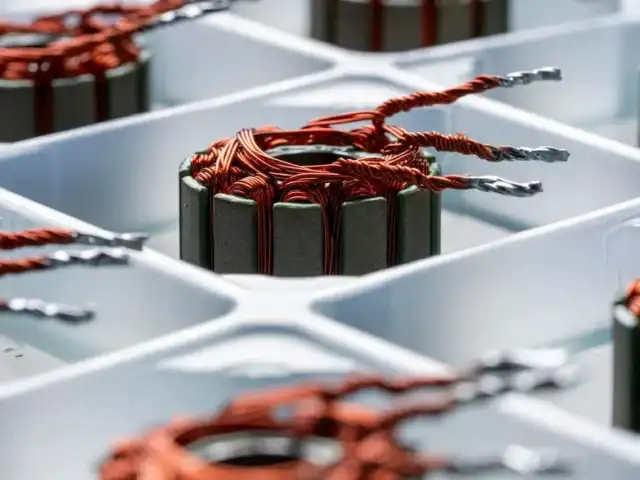 Close-up of copper wire coils wound around metal cores, organized in a plastic grid tray—likely components for electric motors or transformers, as used in AI engineering automation and defense startup applications.