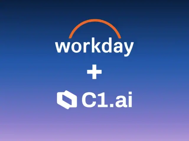 The Workday logo with an orange arch above the text, followed by a plus sign and the C1.ai logo representing agentic identity.