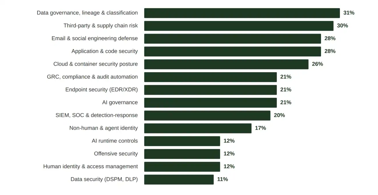 Horizontal bar chart ranking enterprise security priorities by percentage, from Data governance at 31% to Data security at 11%.